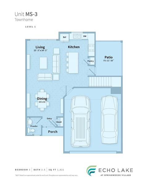 A floor plan for a townhome with a living room, kitchen, dining room, and a bathroom.